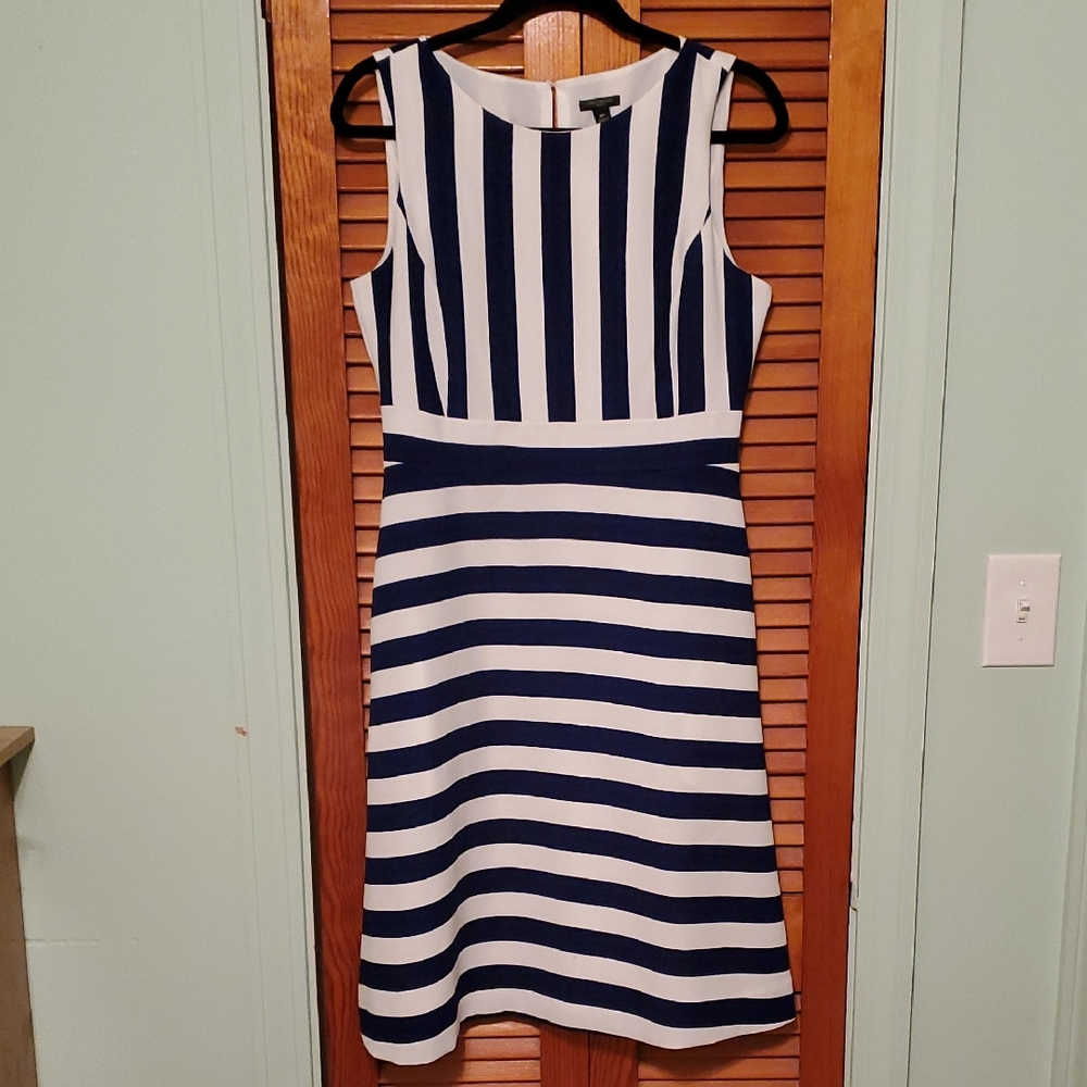 Ann Taylor Navy and White Striped Midi Dress